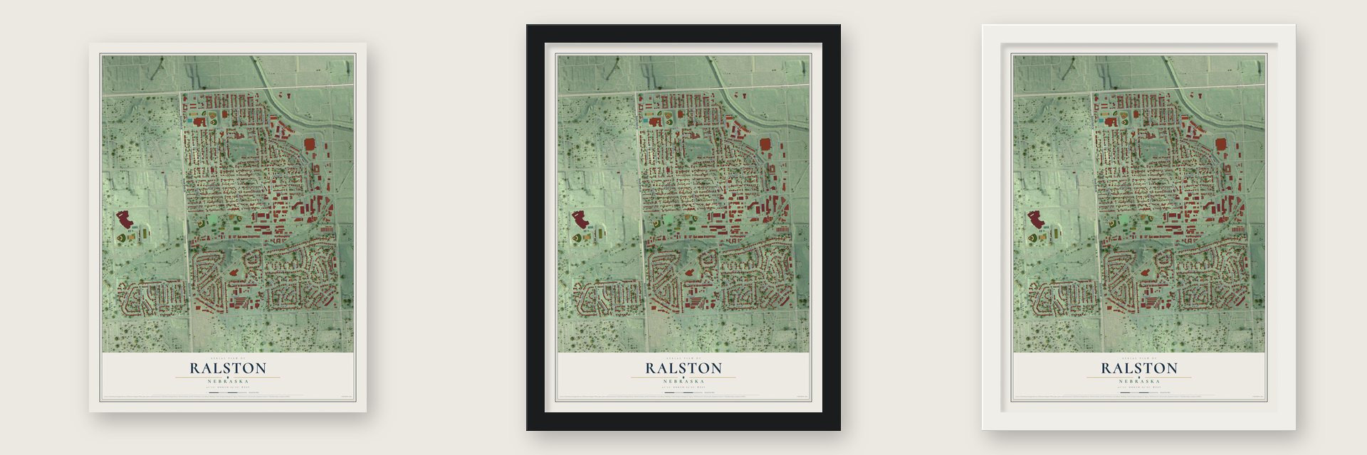 Ralston, Nebraska map unframed, in a black wood frame and in a white wood frame
