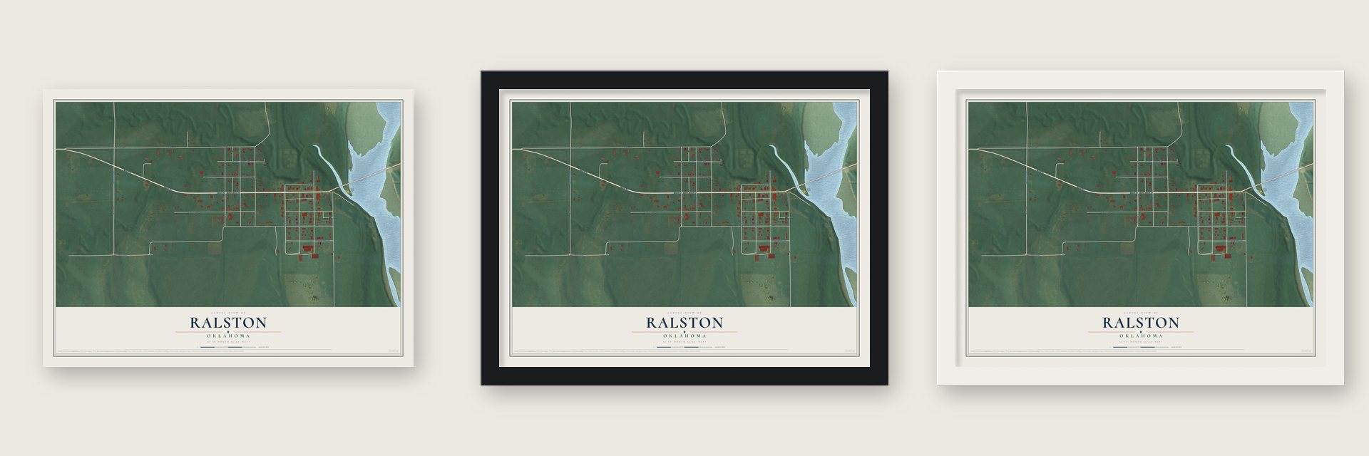 Ralston, Oklahoma map unframed, in a black wood frame and in a white wood frame