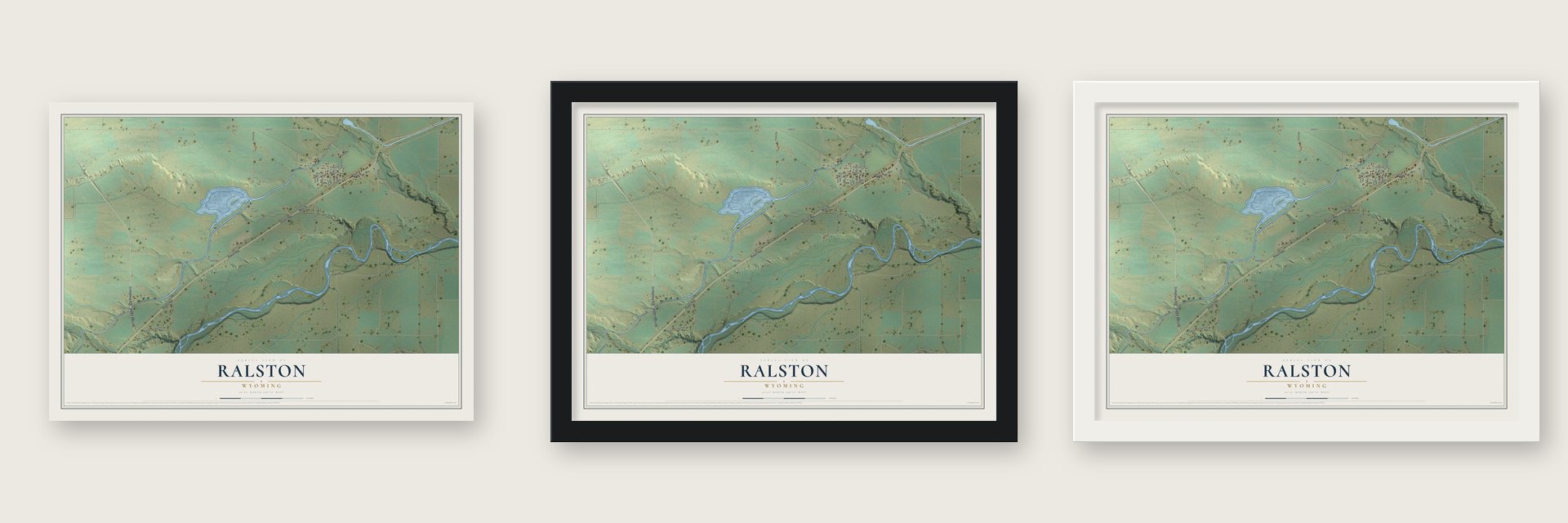 Ralston, Wyoming map unframed, in a black wood frame and in a white wood frame