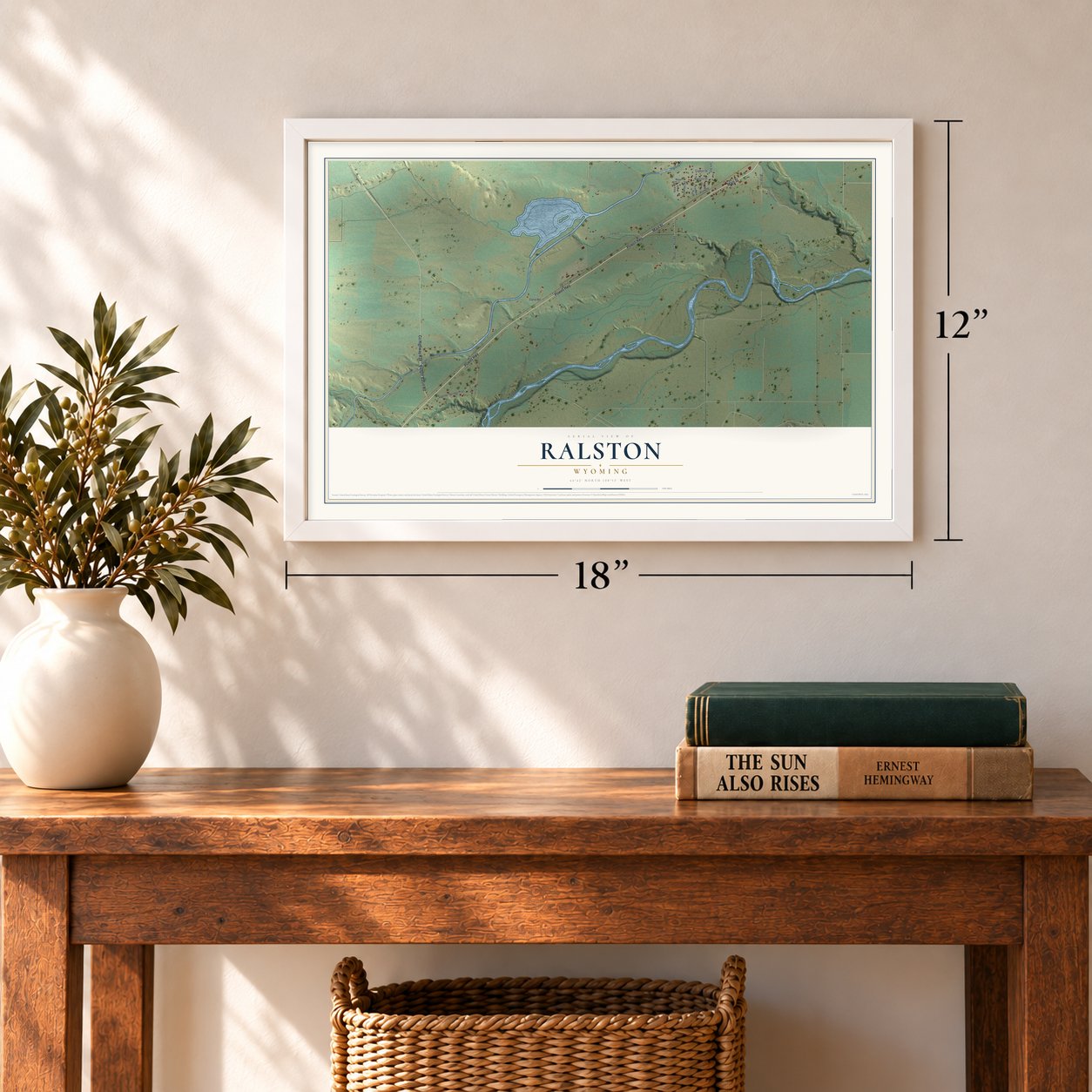 Ralston, Wyoming map, 12 x 18 inch print in a white frame in an entryway