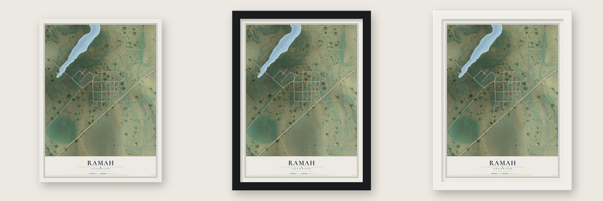 Ramah, Colorado map unframed, in a black wood frame and in a white wood frame