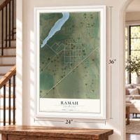 Ramah, Colorado map, 24 x 36 inch print in a white frame by a staircase