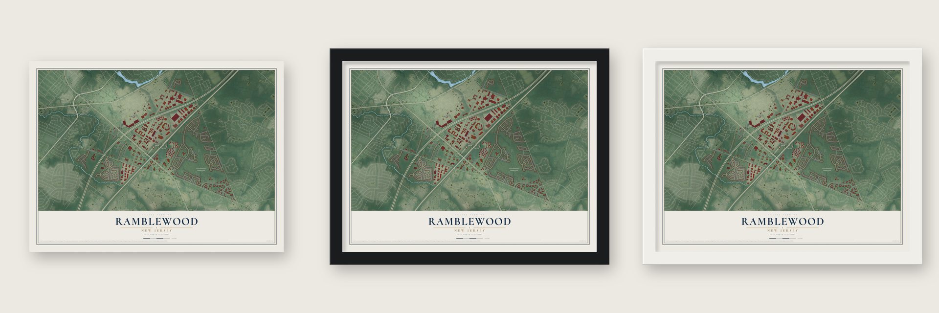 Ramblewood, New Jersey map unframed, in a black wood frame and in a white wood frame