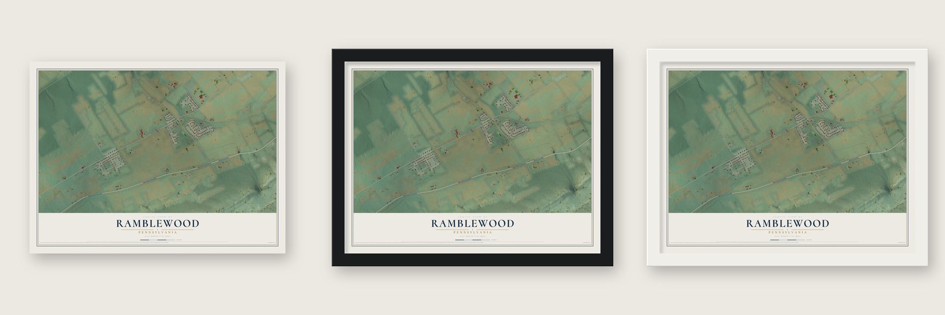 Ramblewood, Pennsylvania map unframed, in a black wood frame and in a white wood frame