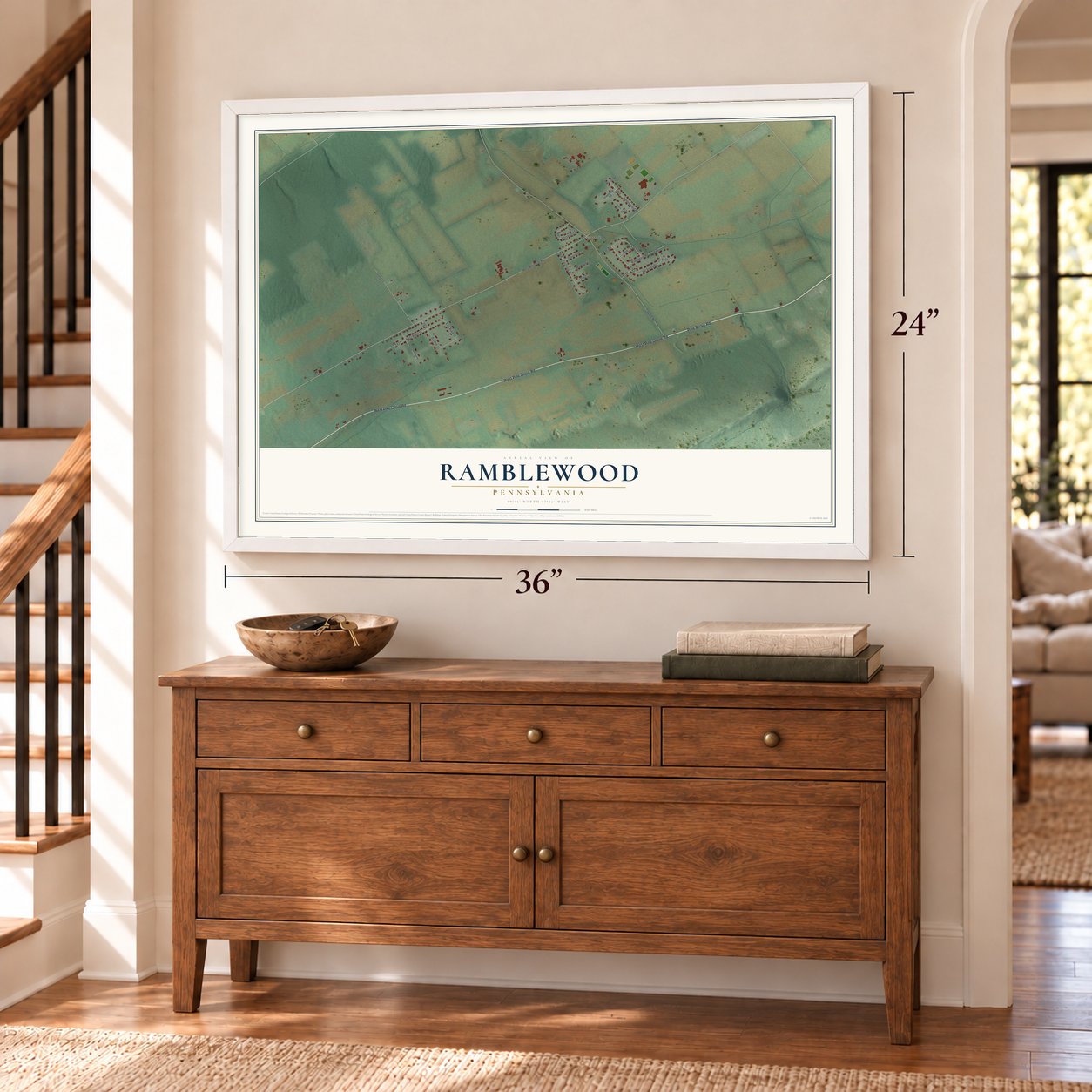 Ramblewood, Pennsylvania map, 24 x 36 inch print in a white frame above a dresser by a staircase