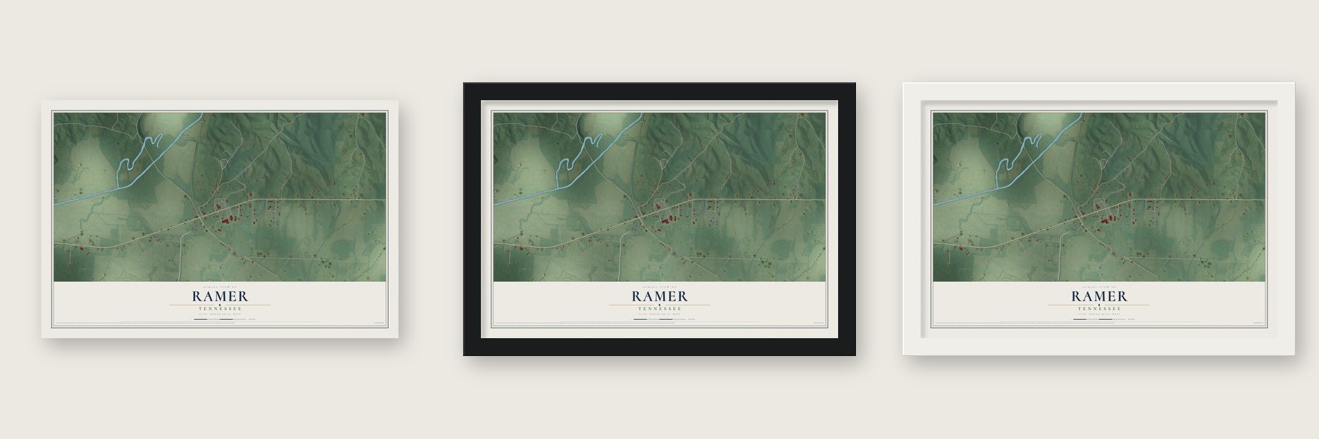 Ramer, Tennessee map unframed, in a black wood frame and in a white wood frame