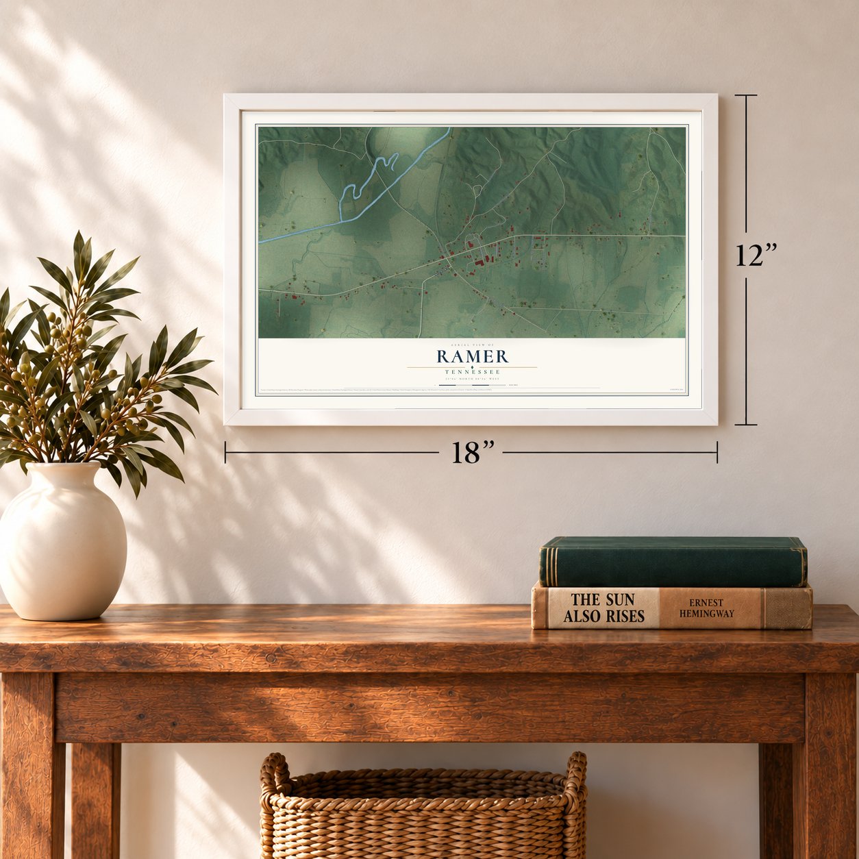 Ramer, Tennessee map, 12 x 18 inch print in a white frame in an entryway