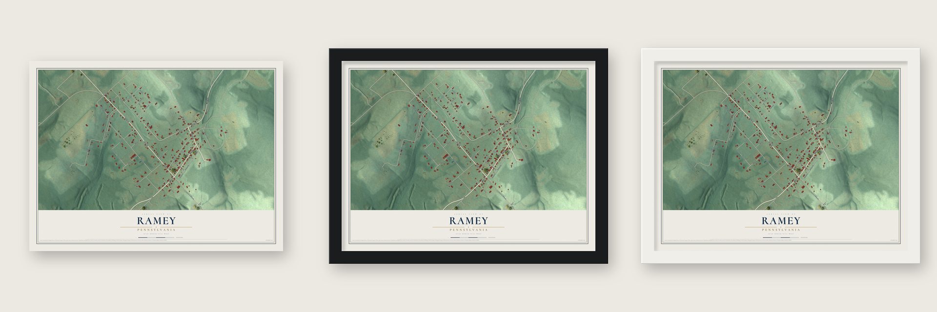 Ramey, Pennsylvania map unframed, in a black wood frame and in a white wood frame