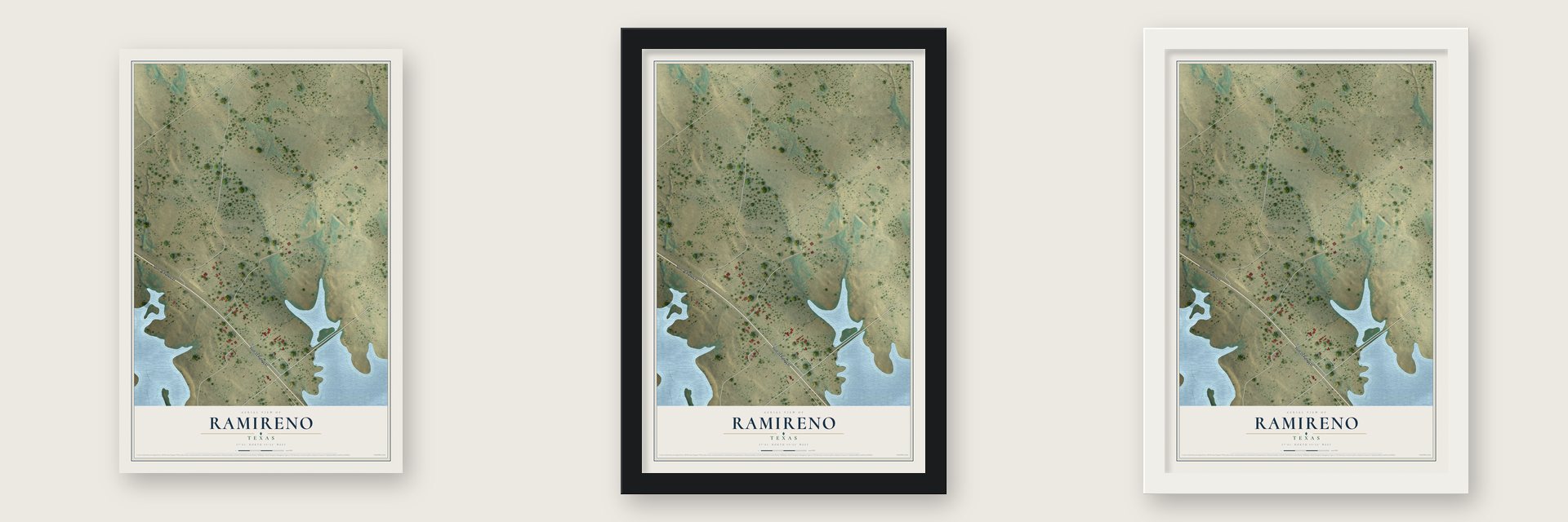 Ramireno, Texas map unframed, in a black wood frame and in a white wood frame