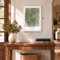 Ramireno, Texas map, 12 x 18 inch print in a white frame in an entryway