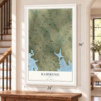 Ramireno, Texas map, 24 x 36 inch print in a white frame by a staircase