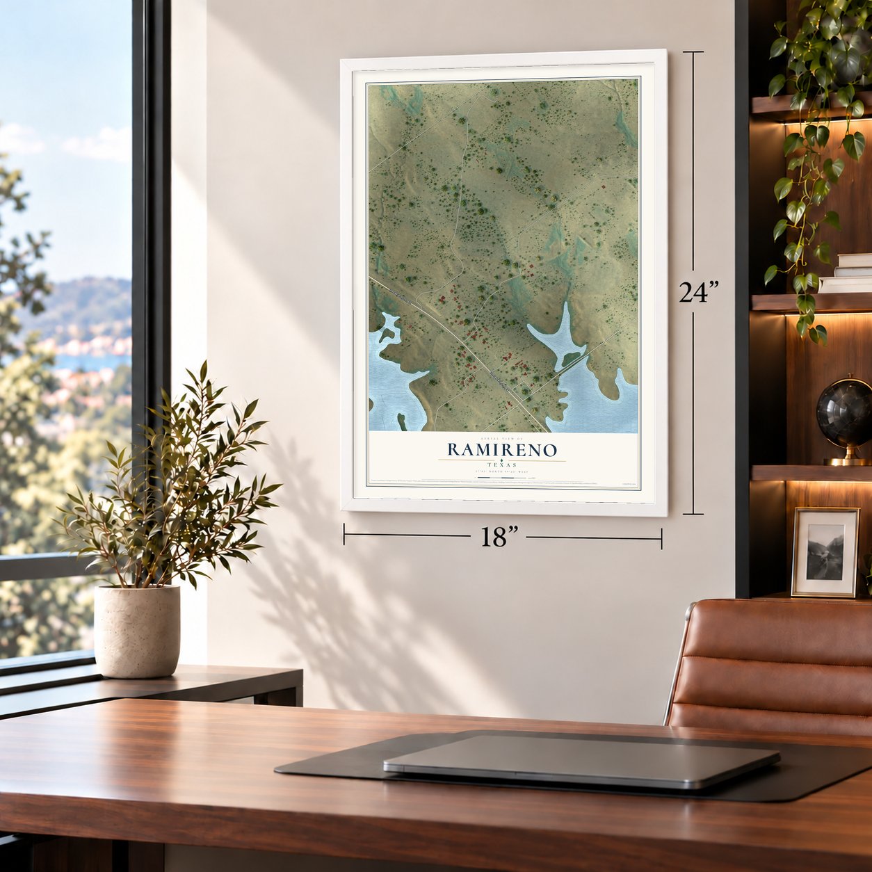 Ramireno, Texas map, 18 x 24 inch print in a white frame in a home office
