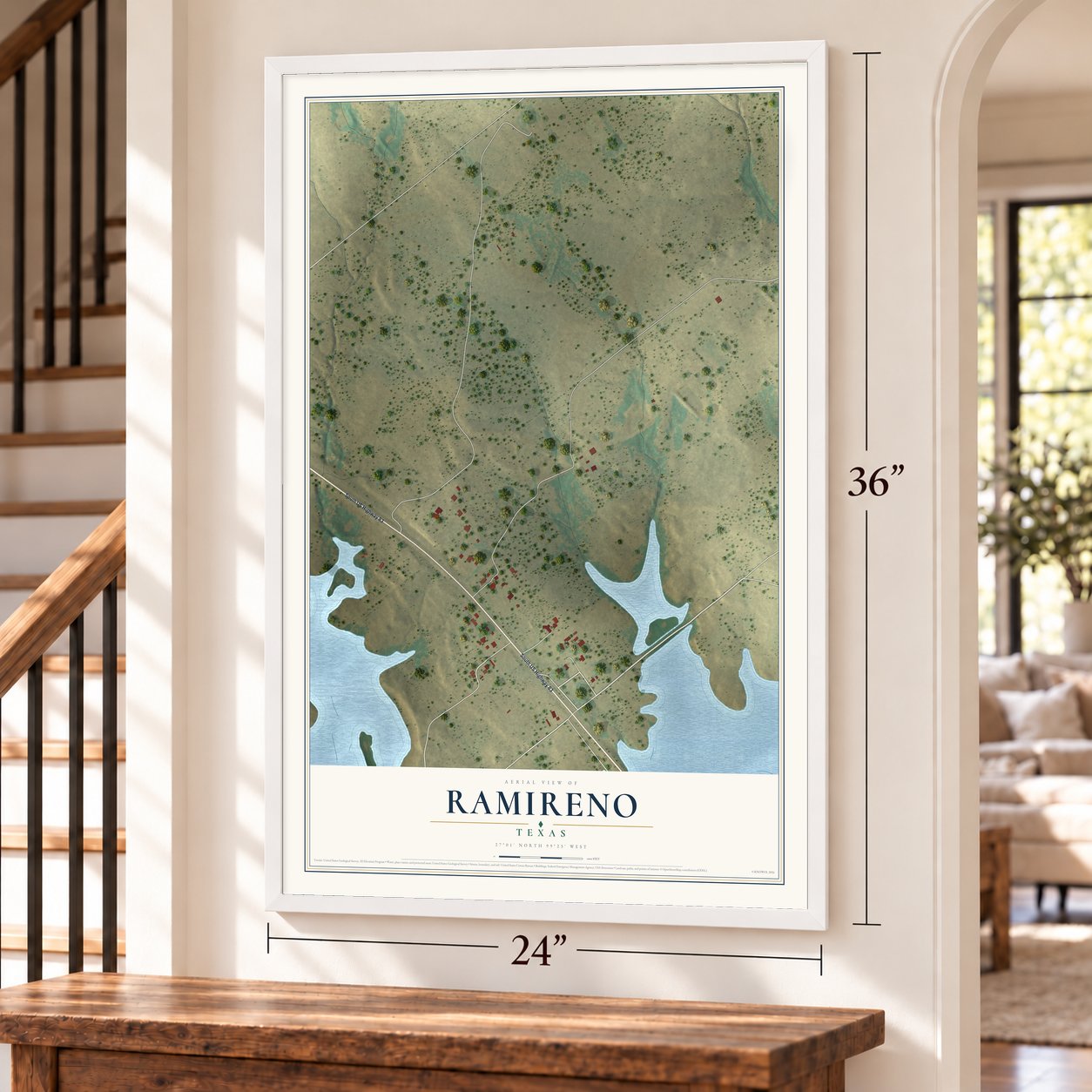 Ramireno, Texas map, 24 x 36 inch print in a white frame by a staircase