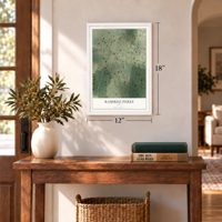 Ramirez-Perez, Texas map, 12 x 18 inch print in a white frame in an entryway