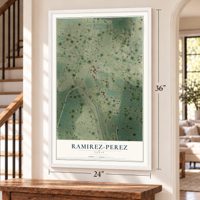 Ramirez-Perez, Texas map, 24 x 36 inch print in a white frame by a staircase