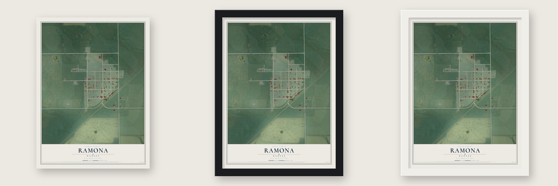 Ramona, Kansas map unframed, in a black wood frame and in a white wood frame