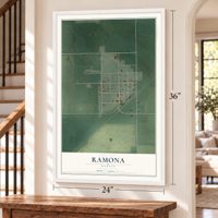 Ramona, Kansas map, 24 x 36 inch print in a white frame by a staircase