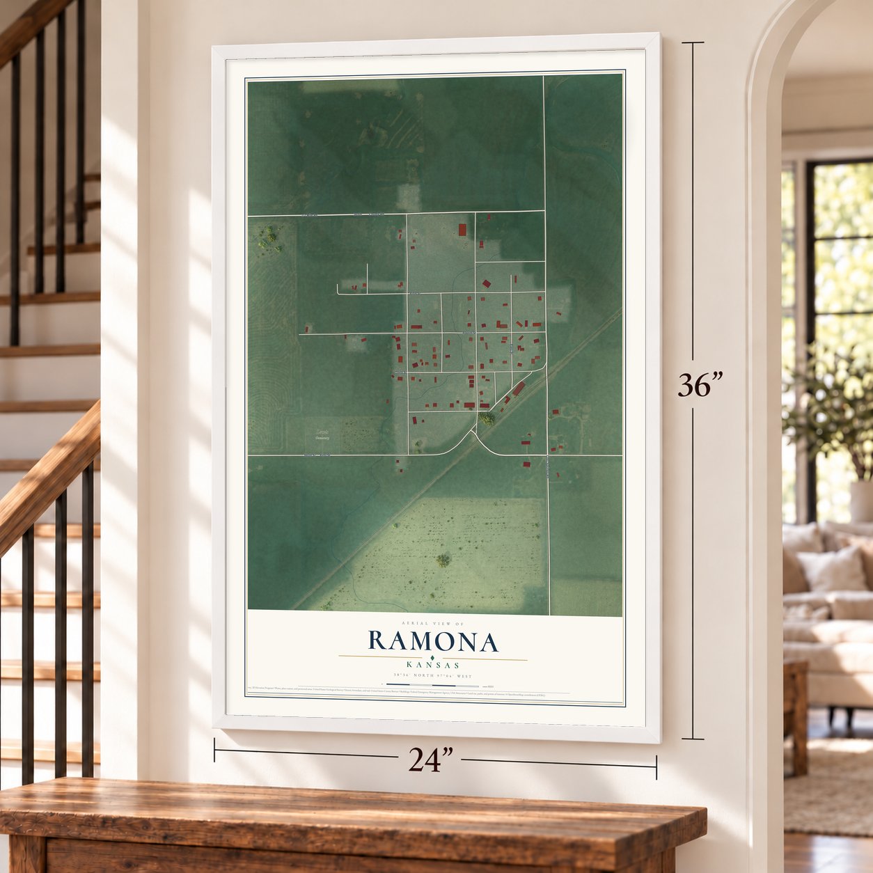 Ramona, Kansas map, 24 x 36 inch print in a white frame by a staircase