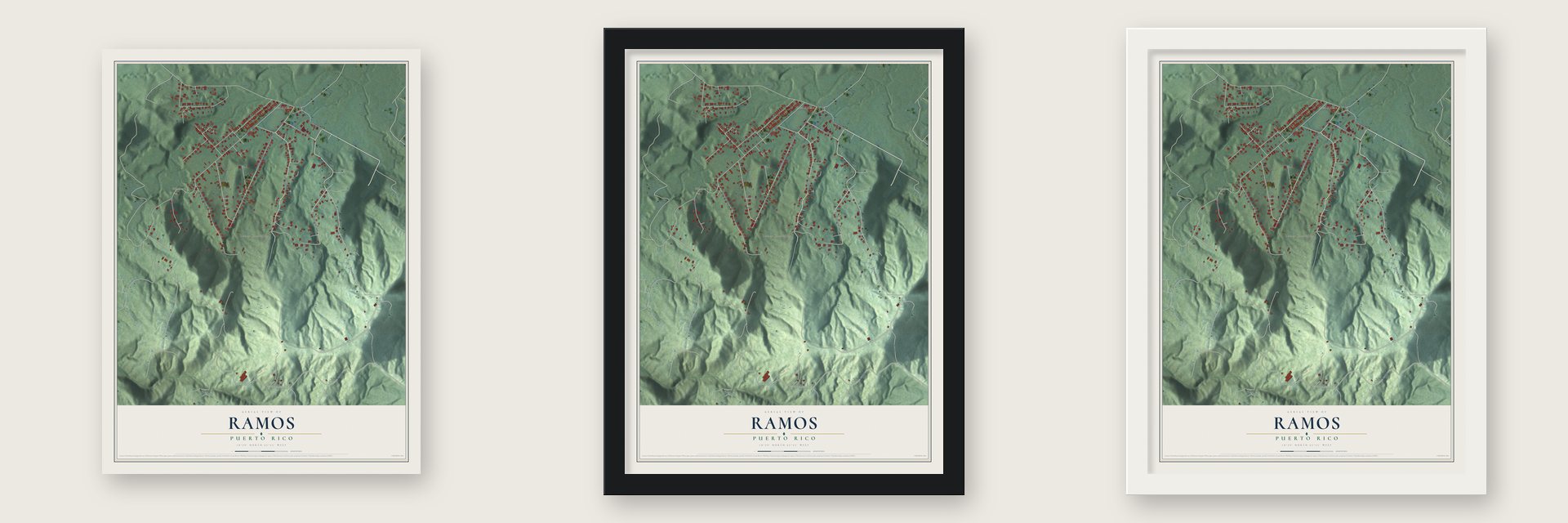 Ramos, Puerto Rico map unframed, in a black wood frame and in a white wood frame