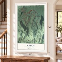 Ramos, Puerto Rico map, 24 x 36 inch print in a white frame by a staircase