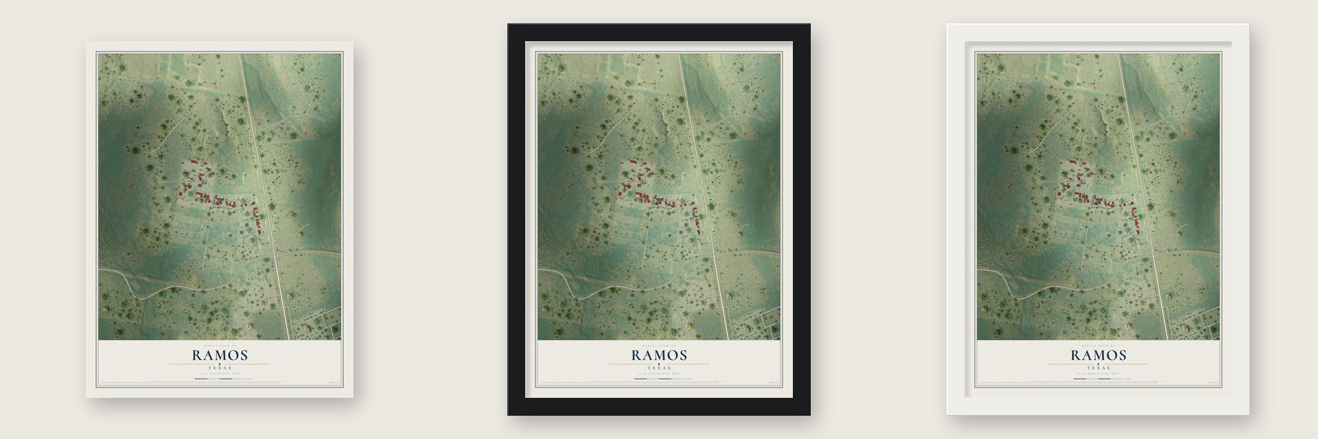 Ramos, Texas map unframed, in a black wood frame and in a white wood frame
