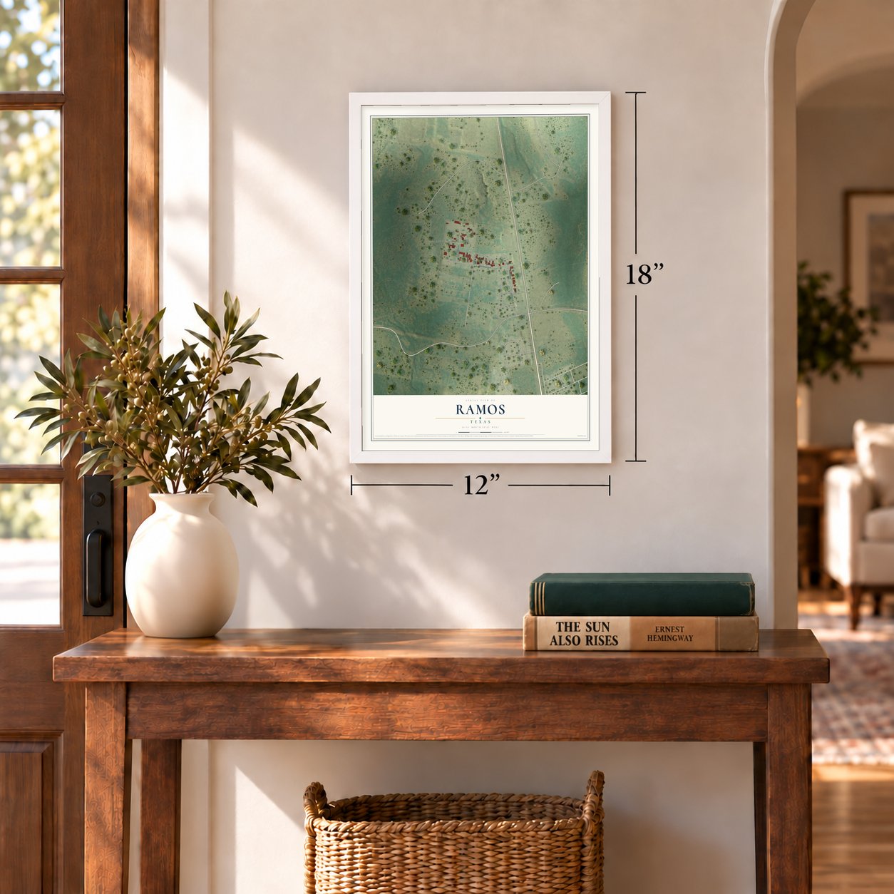 Ramos, Texas map, 12 x 18 inch print in a white frame in an entryway