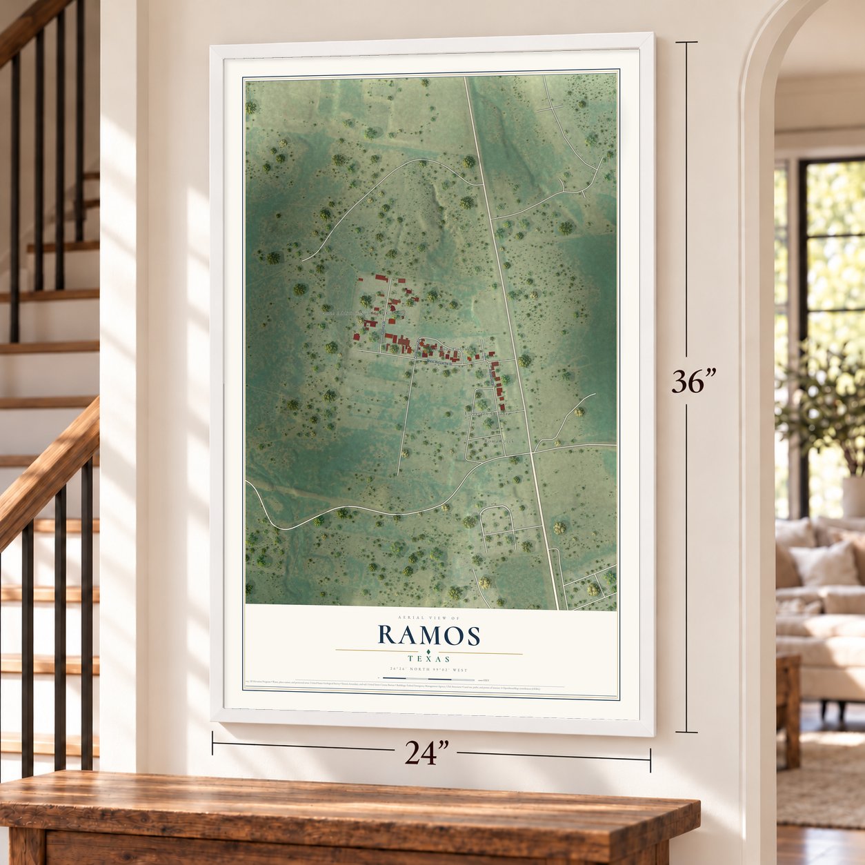 Ramos, Texas map, 24 x 36 inch print in a white frame by a staircase