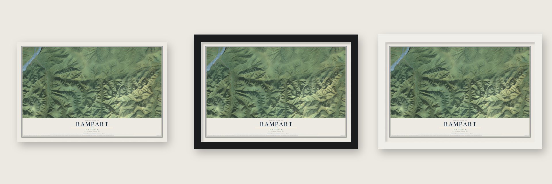 Rampart, Alaska map unframed, in a black wood frame and in a white wood frame