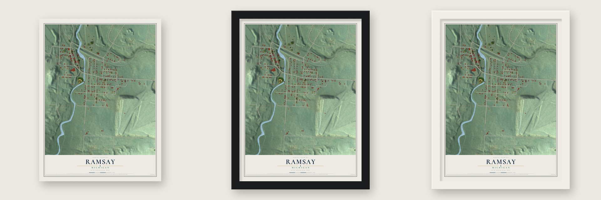 Ramsay, Michigan map unframed, in a black wood frame and in a white wood frame