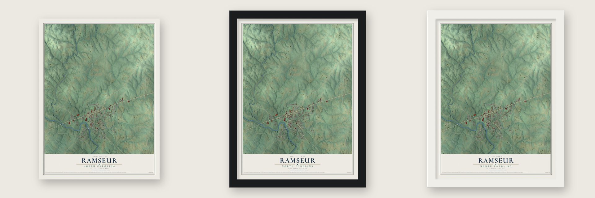 Ramseur, North Carolina map unframed, in a black wood frame and in a white wood frame