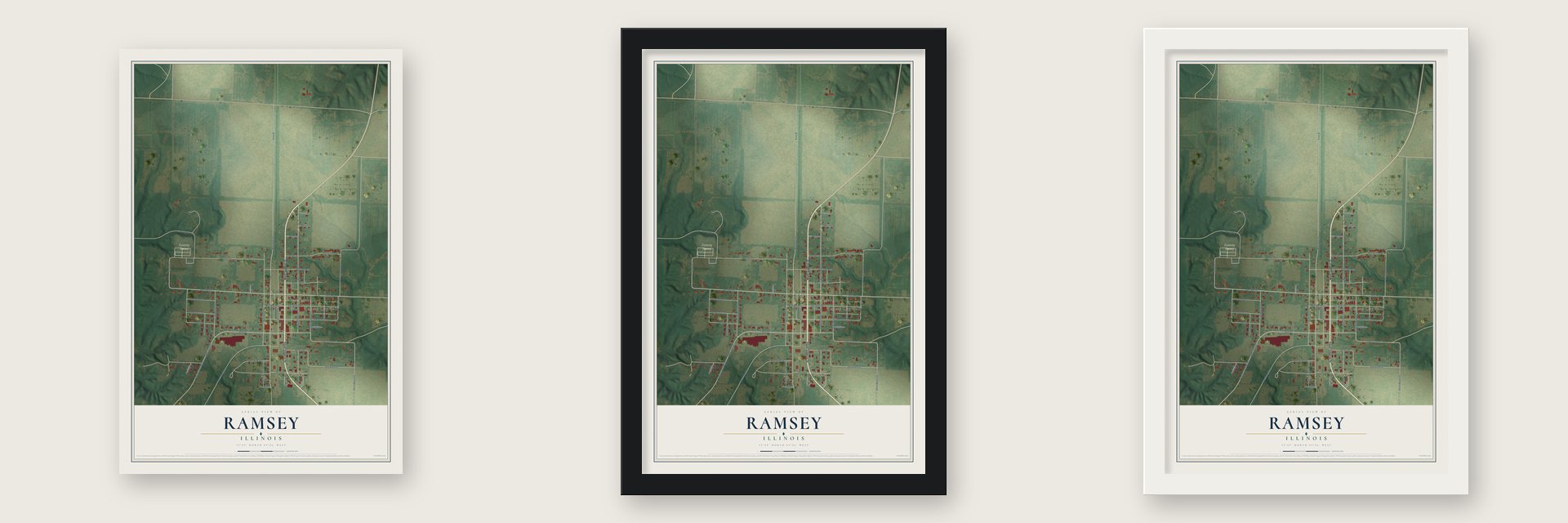 Ramsey, Illinois map unframed, in a black wood frame and in a white wood frame