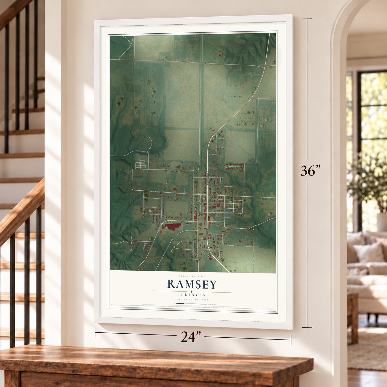 Ramsey, Illinois map, 24 x 36 inch print in a white frame by a staircase