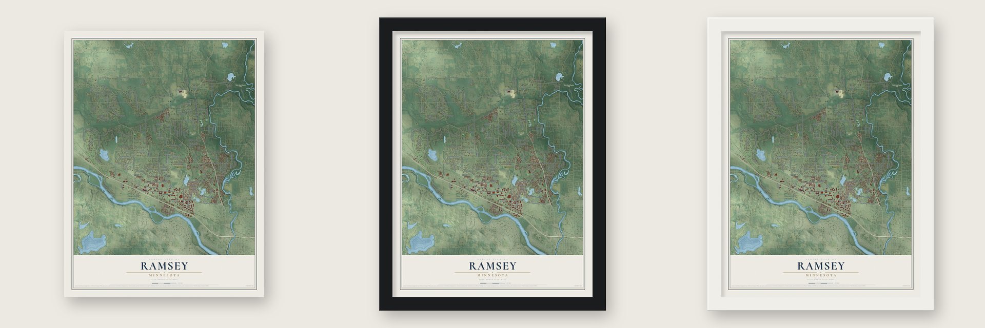 Ramsey, Minnesota map unframed, in a black wood frame and in a white wood frame