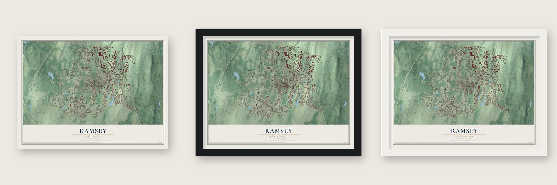 Ramsey, New Jersey map unframed, in a black wood frame and in a white wood frame