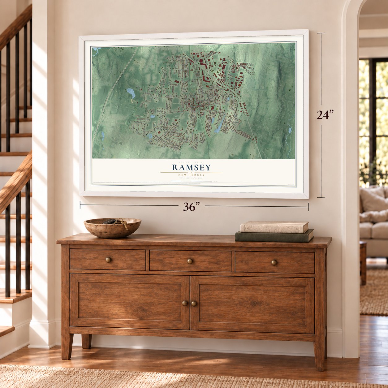 Ramsey, New Jersey map, 24 x 36 inch print in a white frame above a dresser by a staircase