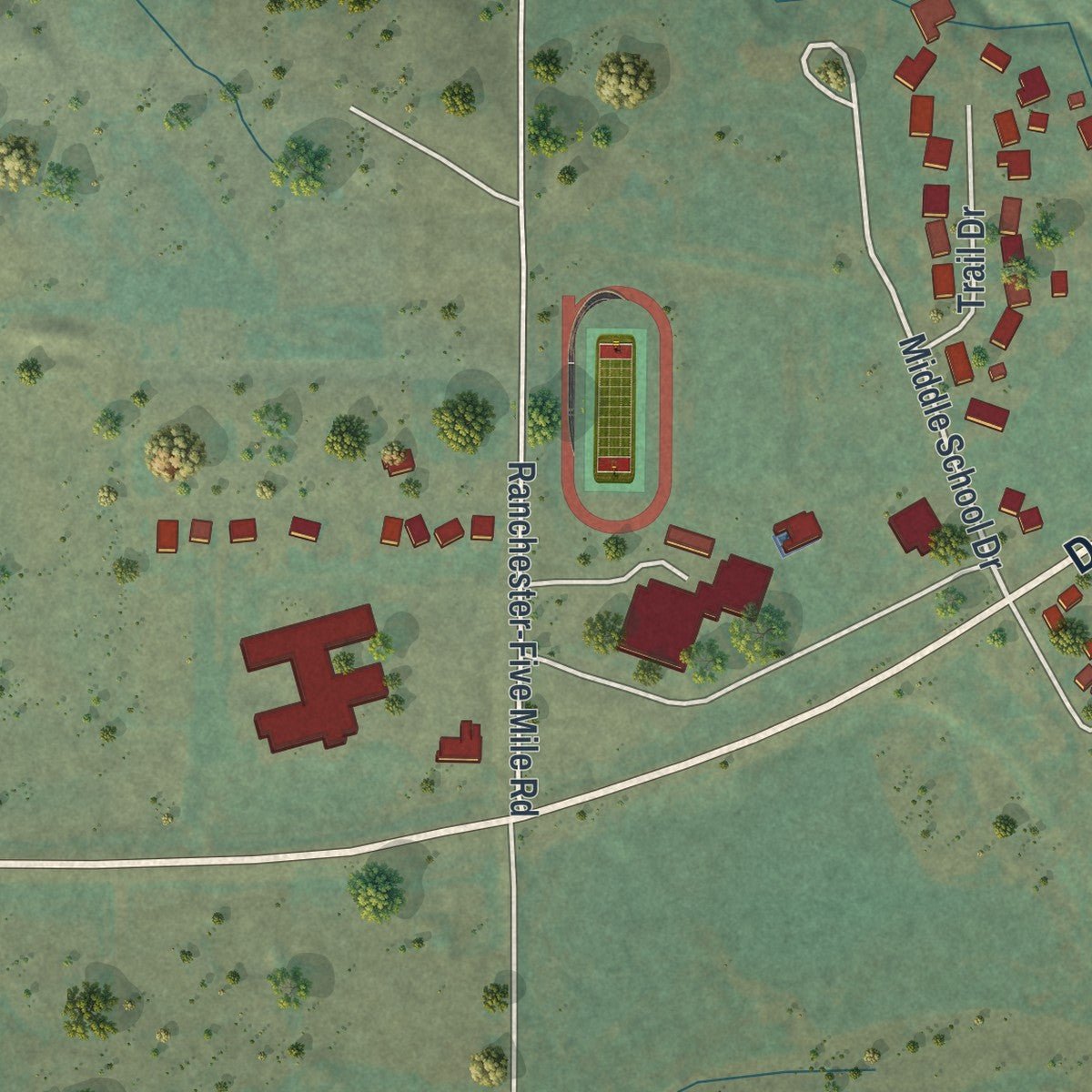 Second close-up of the map of Ranchester, Wyoming print showing more streets and buildings