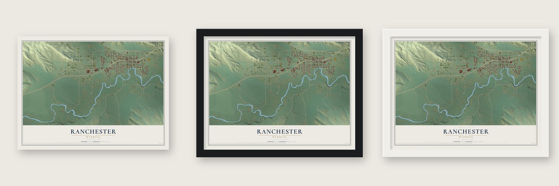 Ranchester, Wyoming map unframed, in a black wood frame and in a white wood frame
