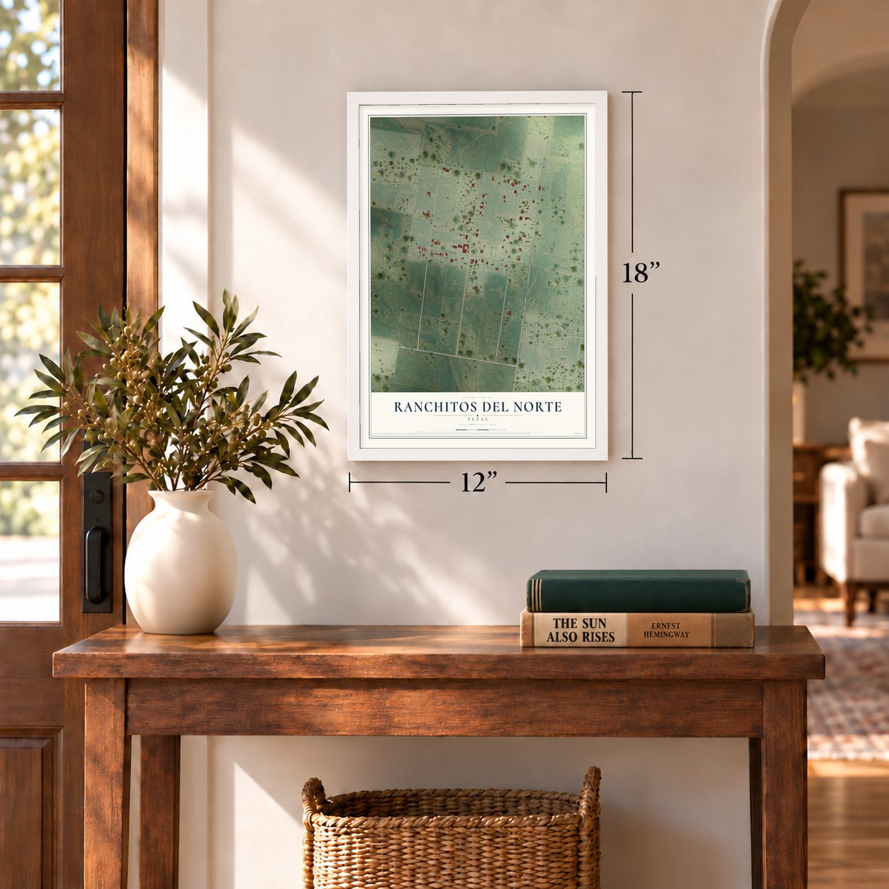 Ranchitos del Norte, Texas map, 12 x 18 inch print in a white frame in an entryway