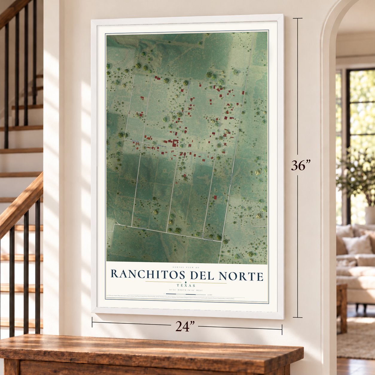 Ranchitos del Norte, Texas map, 24 x 36 inch print in a white frame by a staircase