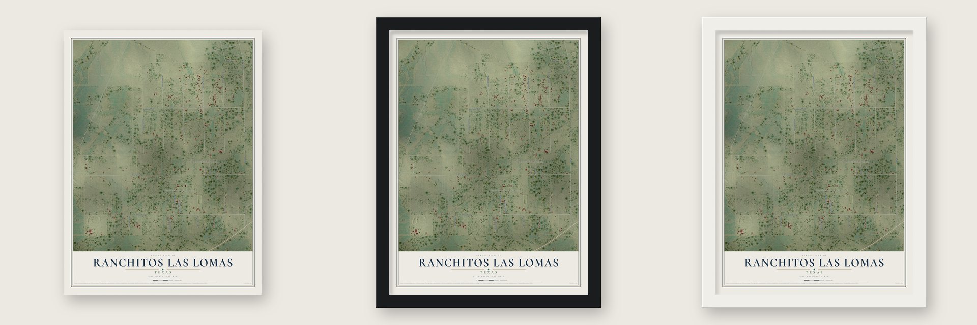 Ranchitos Las Lomas, Texas map unframed, in a black wood frame and in a white wood frame