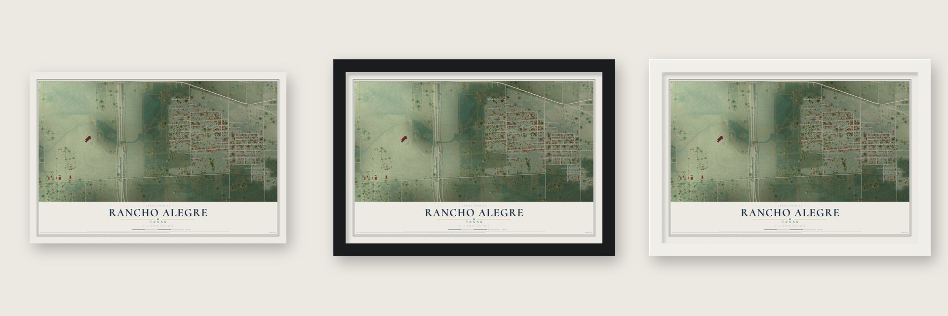 Rancho Alegre, Texas map unframed, in a black wood frame and in a white wood frame