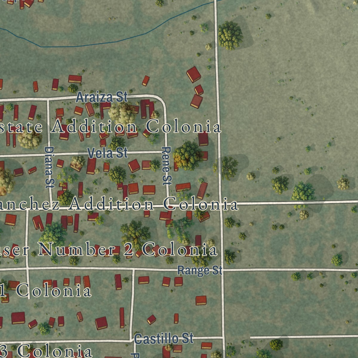 Second close-up of the map of Rancho Alegre, Texas print showing more streets and buildings