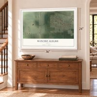 Rancho Alegre, Texas map, 24 x 36 inch print in a white frame above a dresser by a staircase