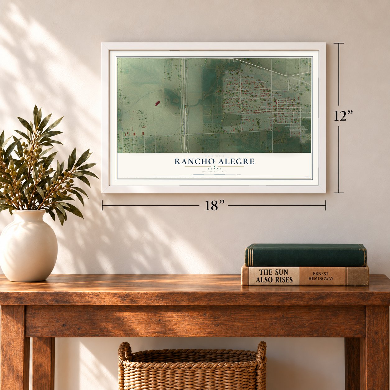 Rancho Alegre, Texas map, 12 x 18 inch print in a white frame in an entryway