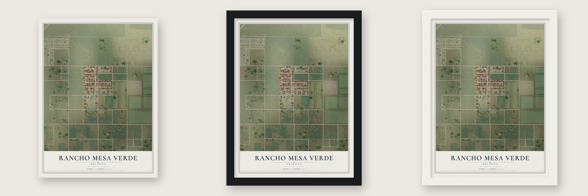 Rancho Mesa Verde, Arizona map unframed, in a black wood frame and in a white wood frame