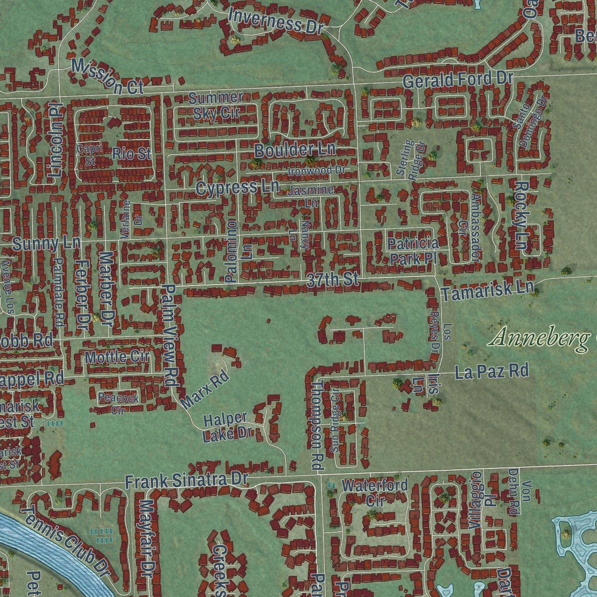 Second close-up of the map of Rancho Mirage, California print showing more streets and buildings
