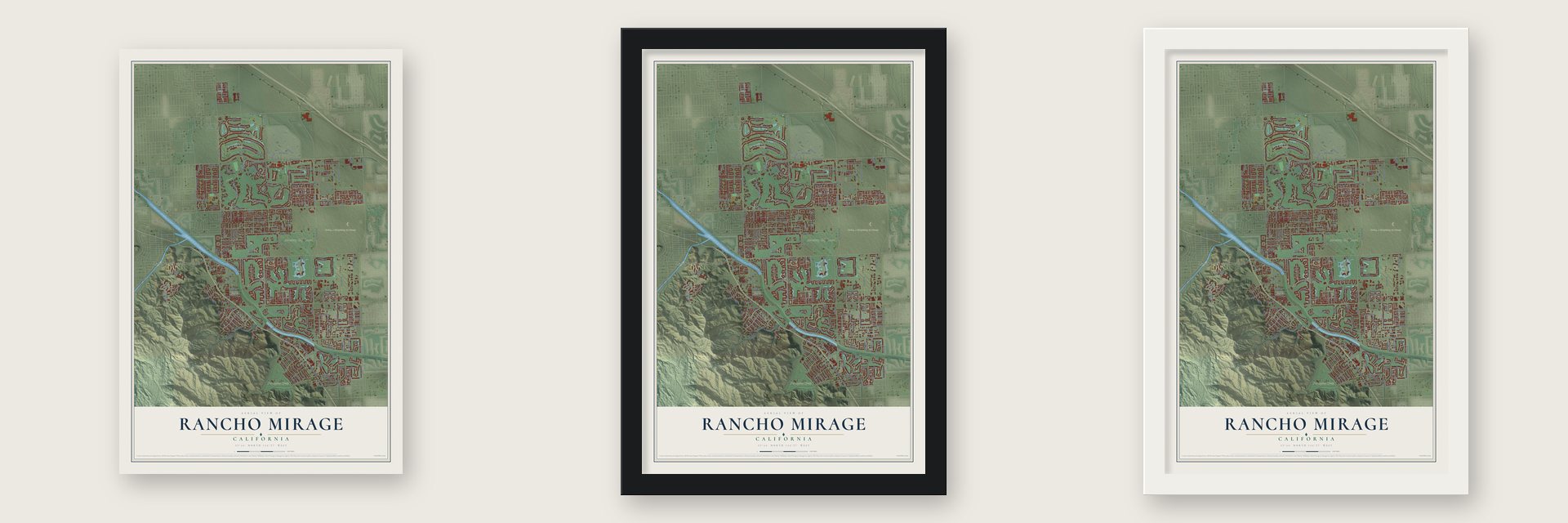 Rancho Mirage, California map unframed, in a black wood frame and in a white wood frame