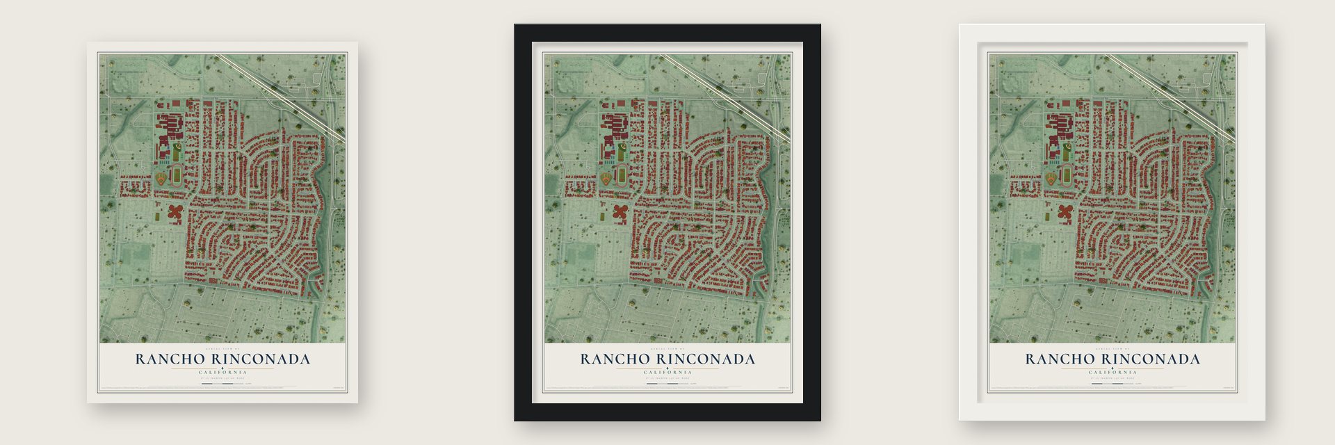 Rancho Rinconada, California map unframed, in a black wood frame and in a white wood frame