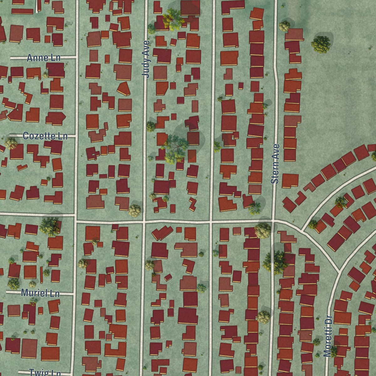 Second close-up of the map of Rancho Rinconada, California print showing more streets and buildings
