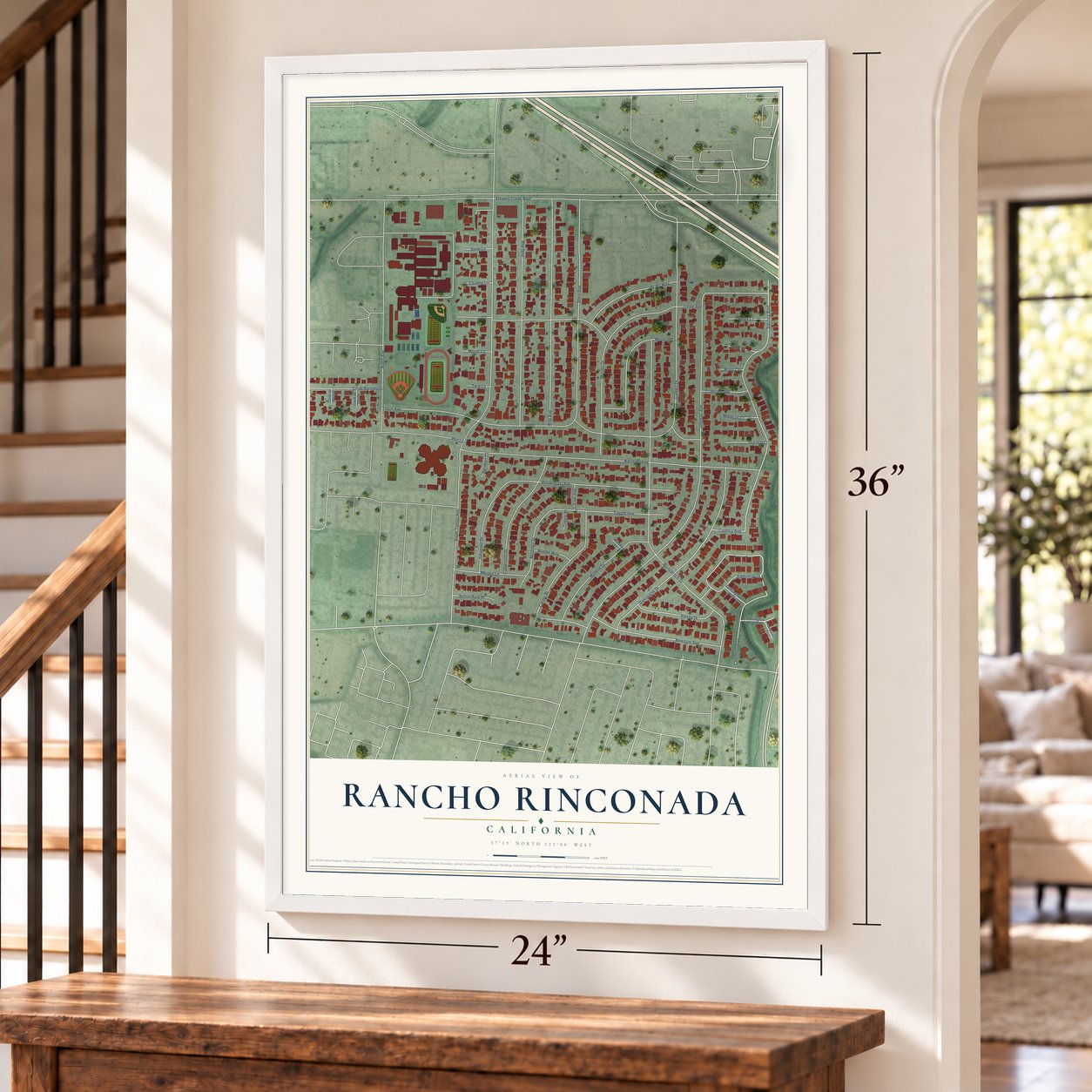 Rancho Rinconada, California map, 24 x 36 inch print in a white frame by a staircase
